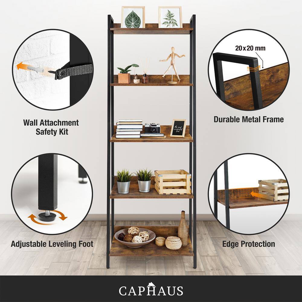 CAPHAUS 67 in. Rustic Oak Bookcase Shelf Organizer 24 in. W 5 Tier Ladder Bookshelf for Home Office Living Room and Kitchen FLR-CH2412MWLD5-RUOK