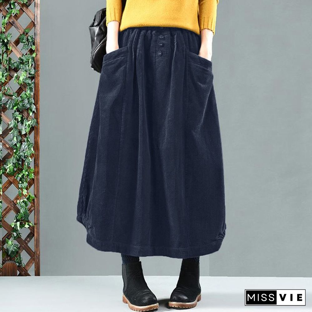 Women High Waist Oversized Loose Dress Button Down Corduroy Long Maxi Skirt Plus Size