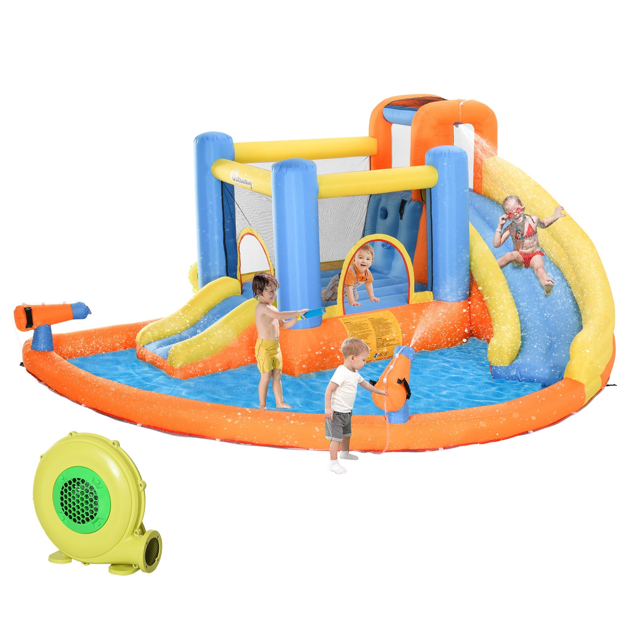 Dcenta 5-in-1 Kids Inflatable House Jumping Castle with Water Pool, Slide, Climbing Walls, & 2 Water Guns