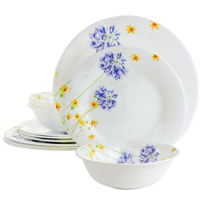 Gibson Ultra Violet Floral 12 Piece Tempered Opal Glass Dinnerware Set