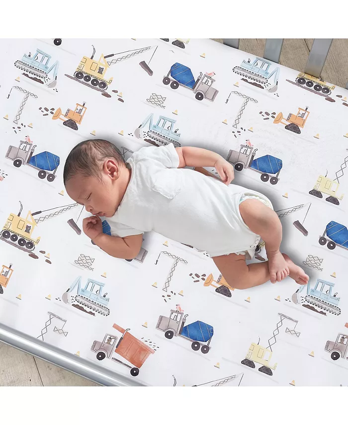 Bedtime Originals Construction Zone Baby Fitted Crib Toddler Sheet- White Trucks