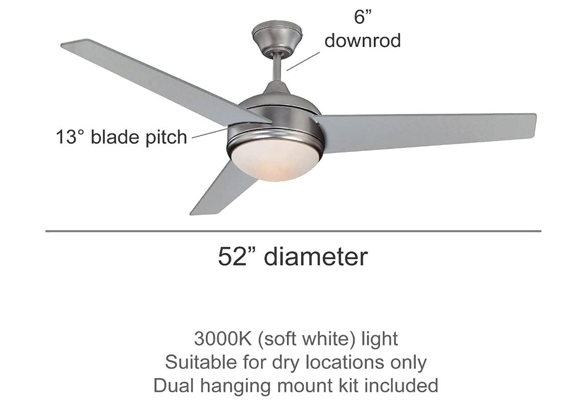 Luminance Concord Fans 52SKY3SN-LED-90CRI 52 Inches Skylark 3 Blade Fan - Frosted Opal Glass - with Satin Nickel Finish