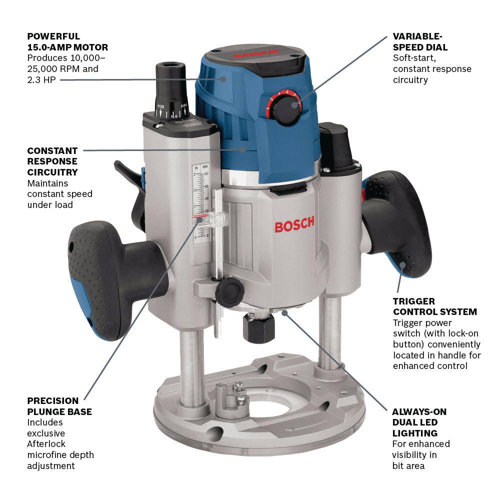 Bosch 15 Amp Corded 2.3 HP Electronic Variable-Speed 3-12 in. Plunge-Base Router with LED Light MRP23EVS