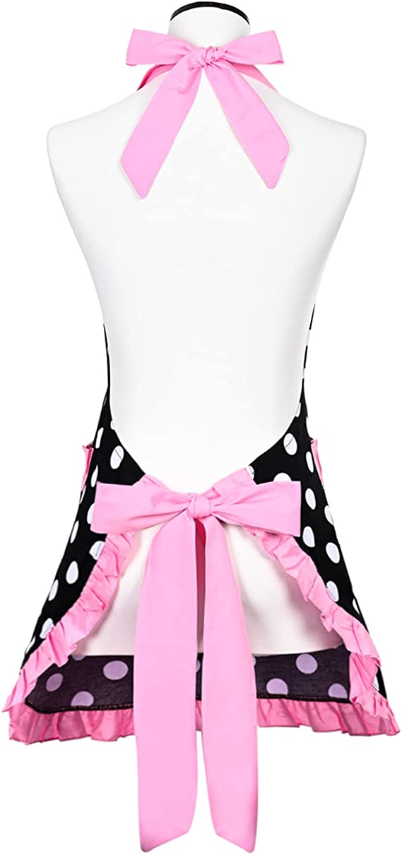 Egebert Cute Retro Apron for Women with Pockets 50s Black Vintage Aprons Sexy Chef Apron Funny Kitchen Cooking Apron Polka Dot Adjustment Waist Flirty Apron Dress Christmas Mother's Gifts (Pink)