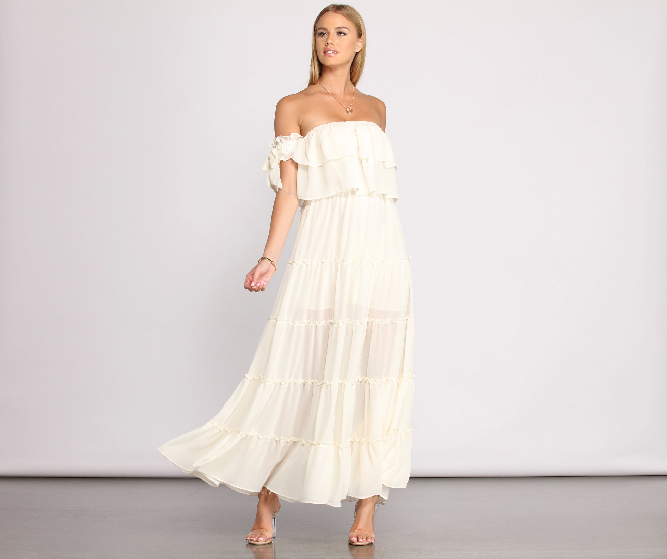 Ruffled Romance Off The Shoulder Maxi Dress