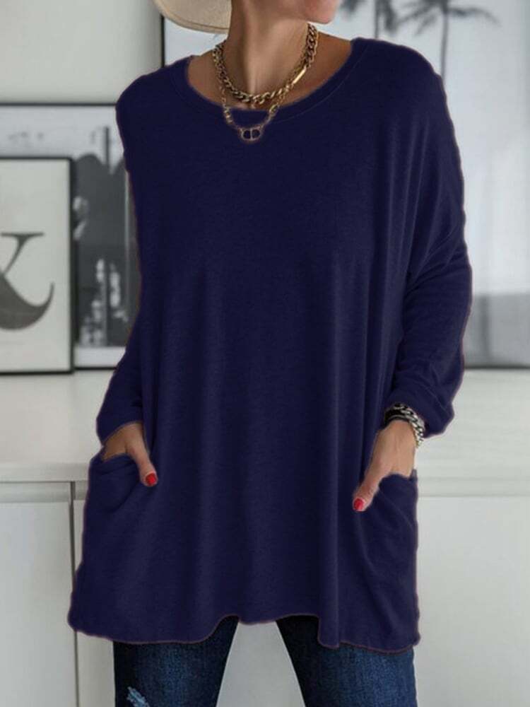 Solid Pocket Round Neck Long Sleeve T-Shirt
