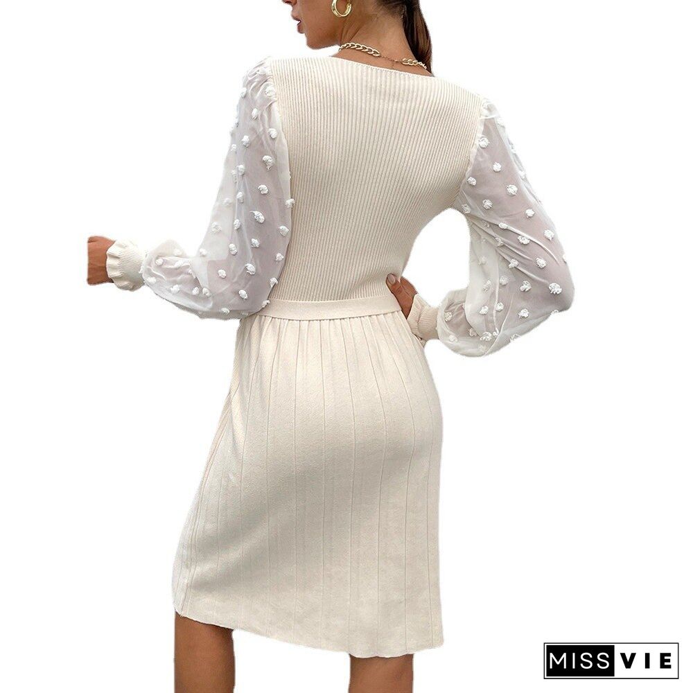 Vintage Dress New Autumn Winter Women's Casual Sweater Knitted A-Line Pleated Wool Dress Women