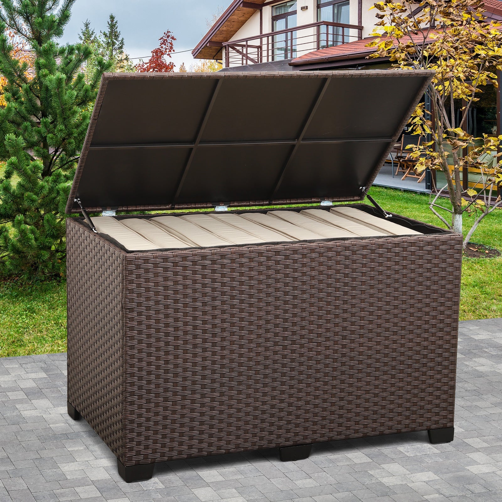 Waroom 150gal Outdoor Wicker Storage Box, Water-Resistant Deck Bin for Garden, Brown