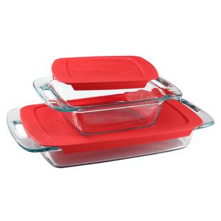 Pyrex Easy Grab 3 qt. and 8 in. x 8 in. 4-Piece Glass Bakeware Set with Red Lids 1091675