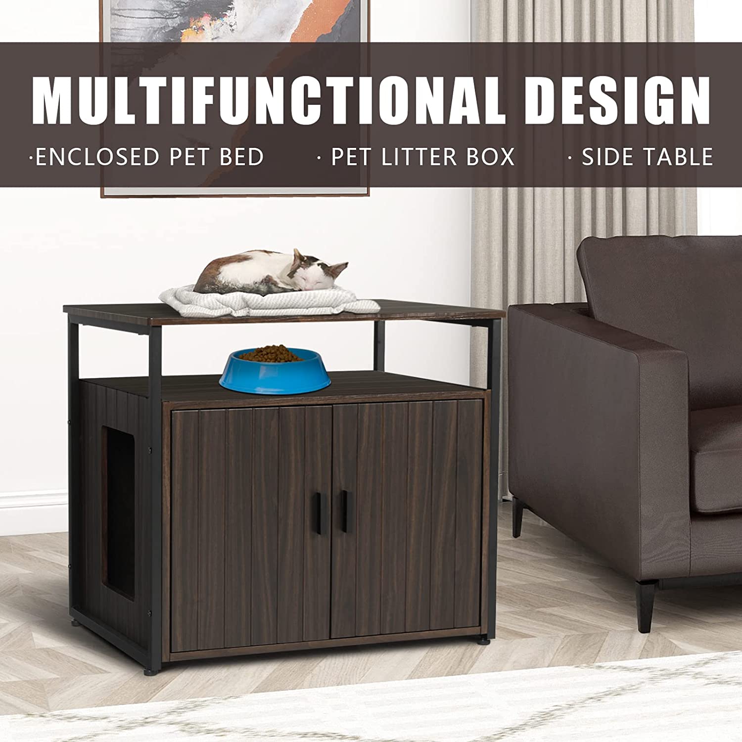 YIGOBUY Wooden Cat Litter Box Enclosure Pet Crate with Iron and Wood Sturdy Structure Nightstand