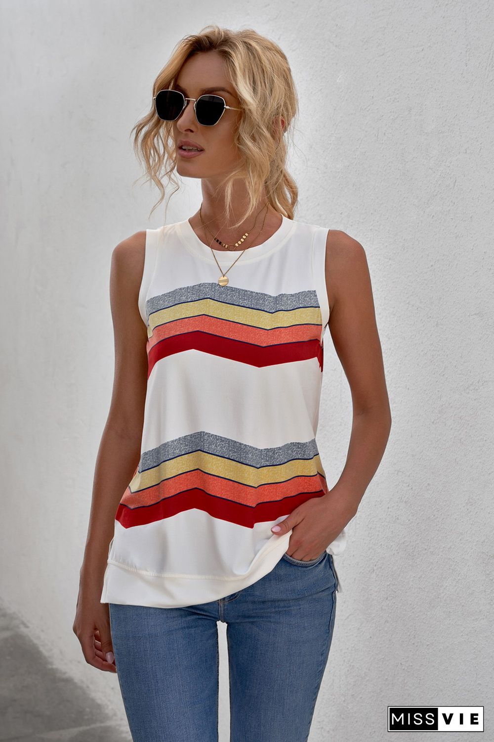 White Crew Neck Colorblock Stripes Tank Top