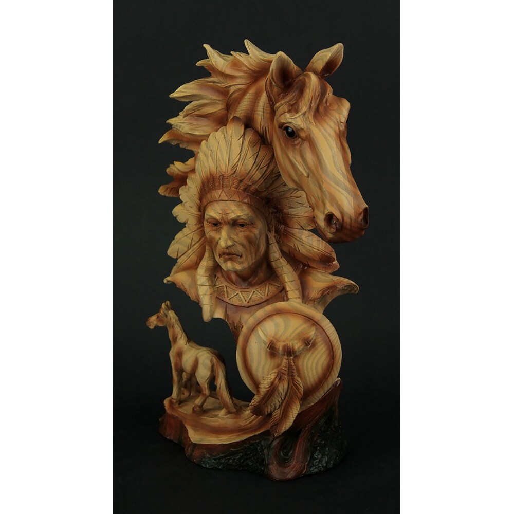 Western Horse And Native American Chief Carved Wood Look Bust Statue   11.5 X 8.25 X 4.25 inches