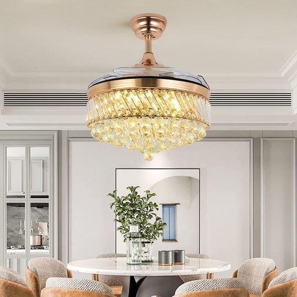 Crystal Ceiling Fan with Light Remote Control Chandelier Retractable Fandelier， Luxury 3 Color Lighting for Dining Room Shopping - The Best Deals on Ceiling Fans | 41540798