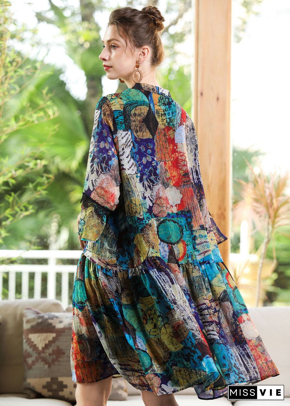 Modern Blue V Neck Patchwork Print Chiffon Party Dress Bracelet Sleeve