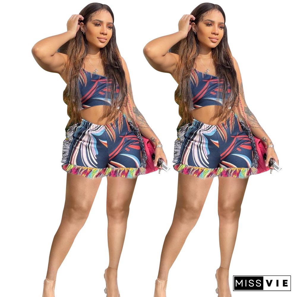 Sexy Women Bodycon Print Asymmertical One Shoulder Sleeveless Crop Top Tassels Shorts 2 Piece Set