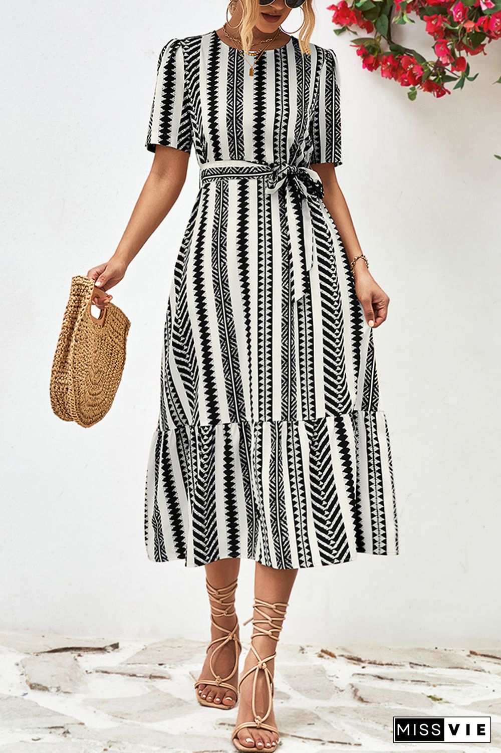 Geometric Striped Maxi Dress With Sash