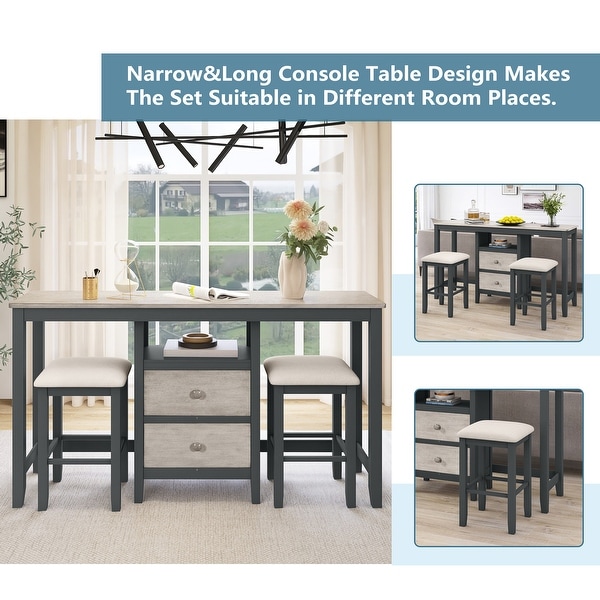 3piece Counter Height Wood Dining Table Set With Cabinet，2 Storage Drawers And 2 Stools