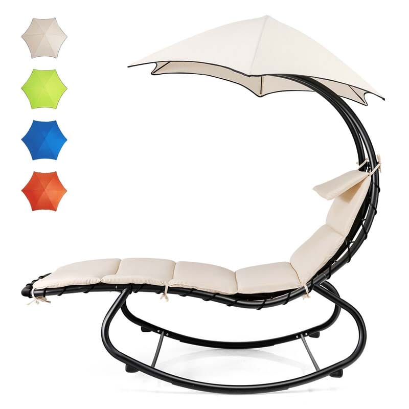 Full-Padded Hammock Chair Swing Patio Sun Lounger with Shade Canopy, Outdoor Chaise Lounge Hanging Chair for Pool Beach Deck