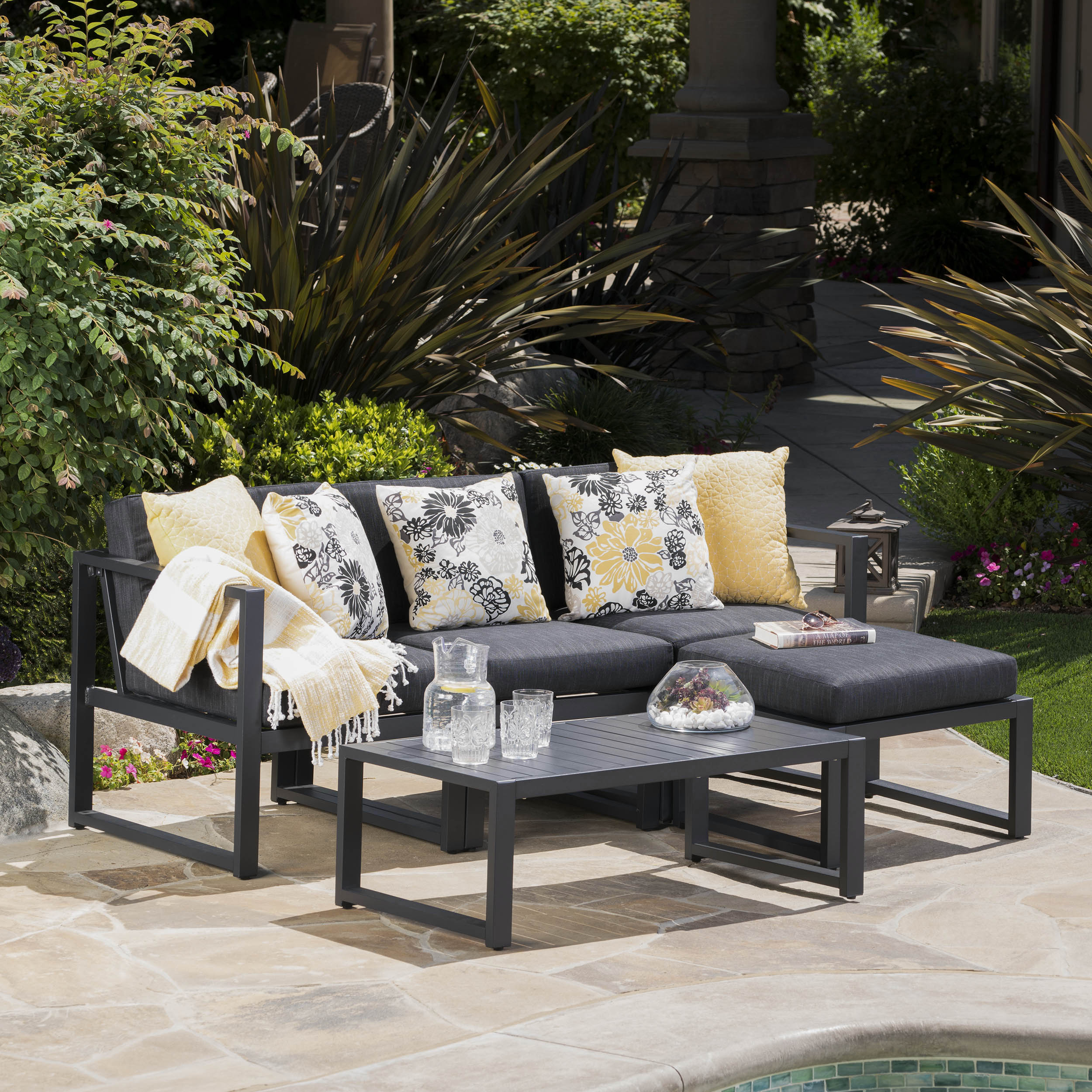 Nealie Modern Outdoor Dark Gray Aluminum Sectional Sofa Set with Black Cushions