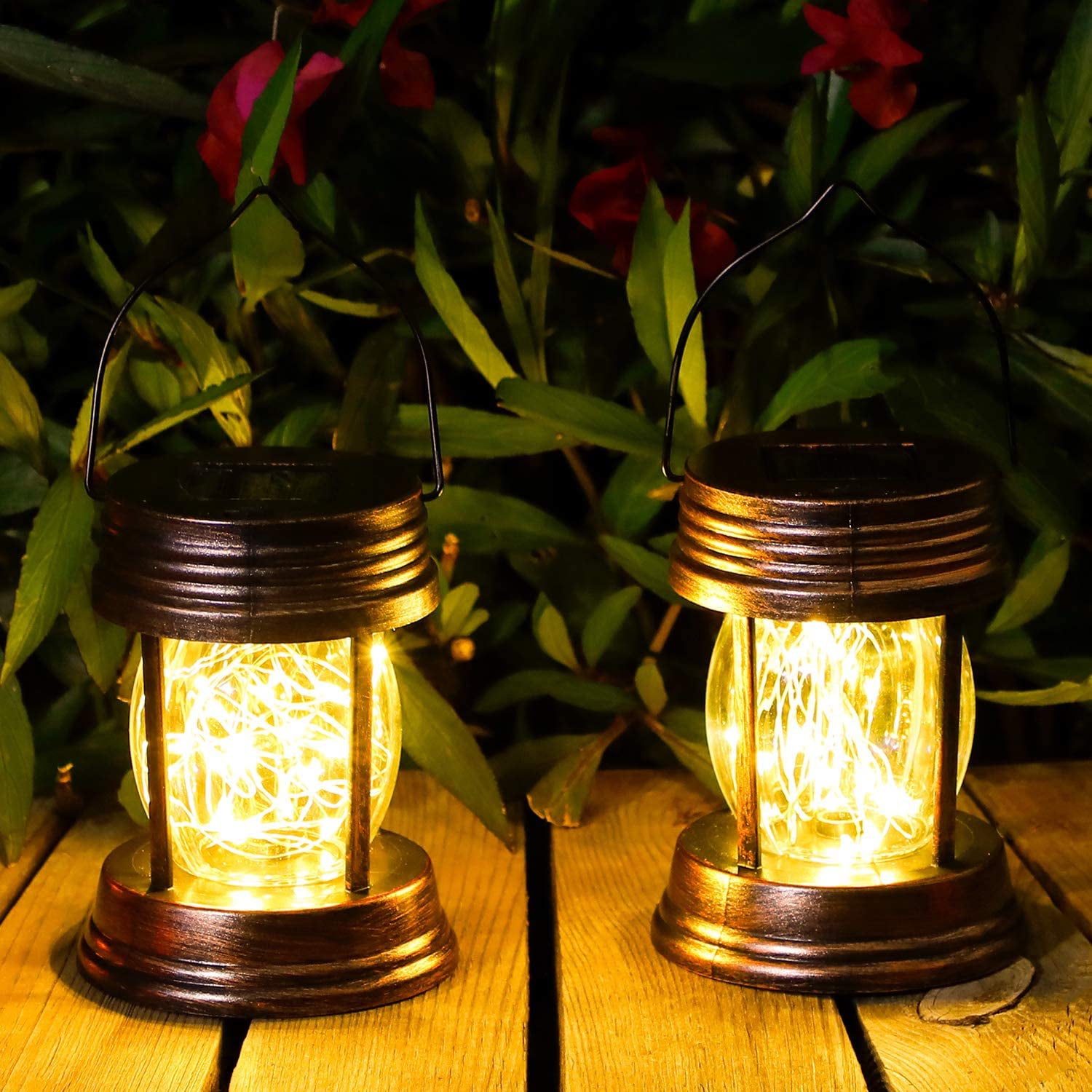 2 Pack Hanging Solar Lights Outdoor， Solar Powered Lanterns Waterproof for Garden Table Landscape Yard Pathway Decoration