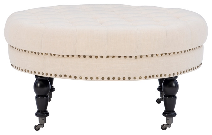 Linon Isabelle Round Wood Upholstered Ottoman in Natural Beige   Traditional   Footstools And Ottomans   by Homesquare  Houzz