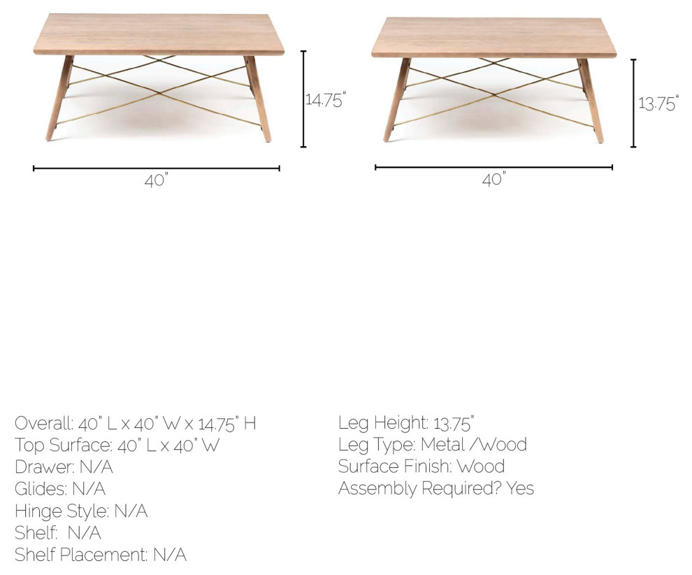 HomeRoots Square Solid Wood Top and Legs Coffee Table WithMetal Bracing   Midcentury   Coffee Tables   by HomeRoots  Houzz