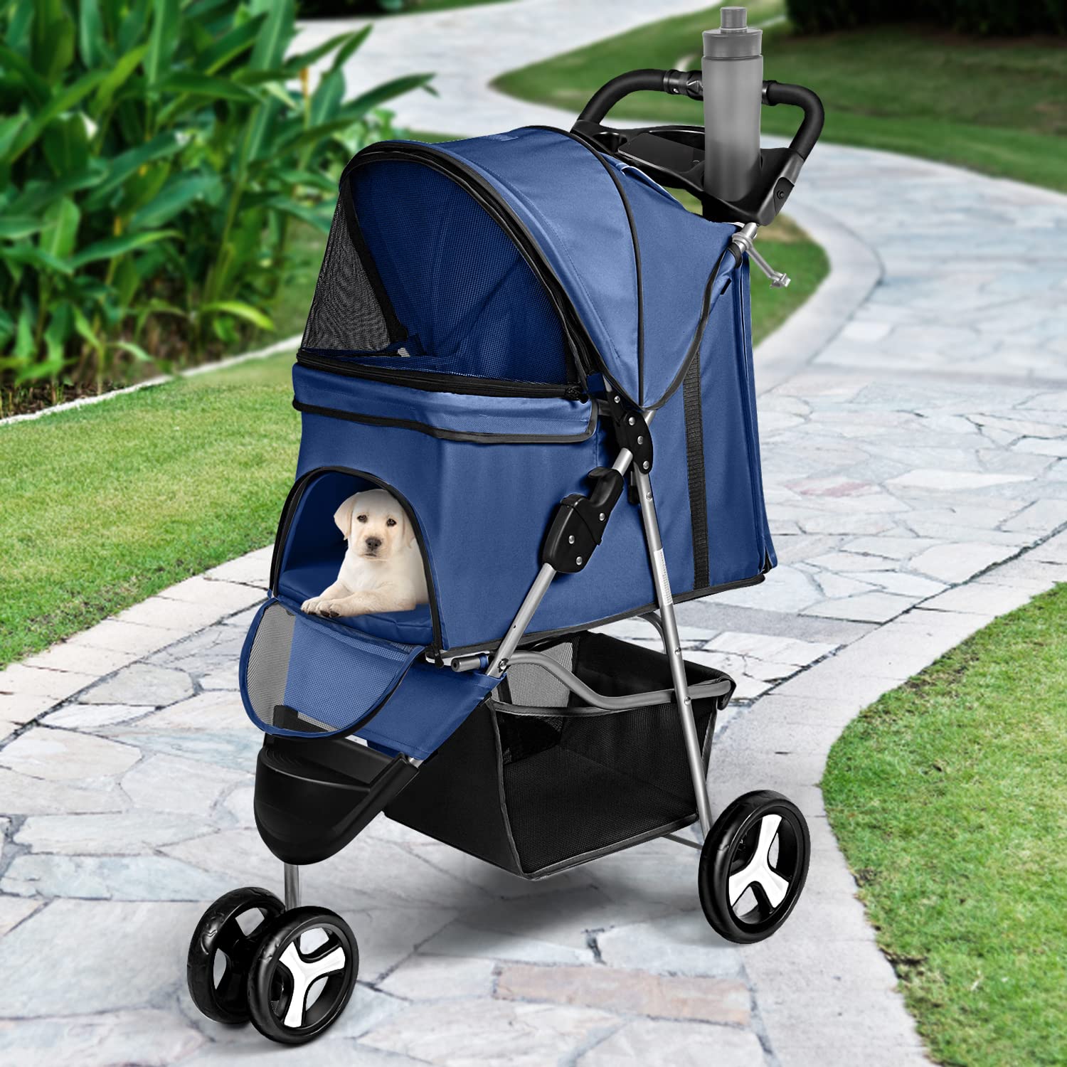 Pet Stroller 3 Wheel Foldable Cat Dog Stroller with Storage Basket and Cup Holder for Small and Medium Cats， Dogs， Puppy (Blue)