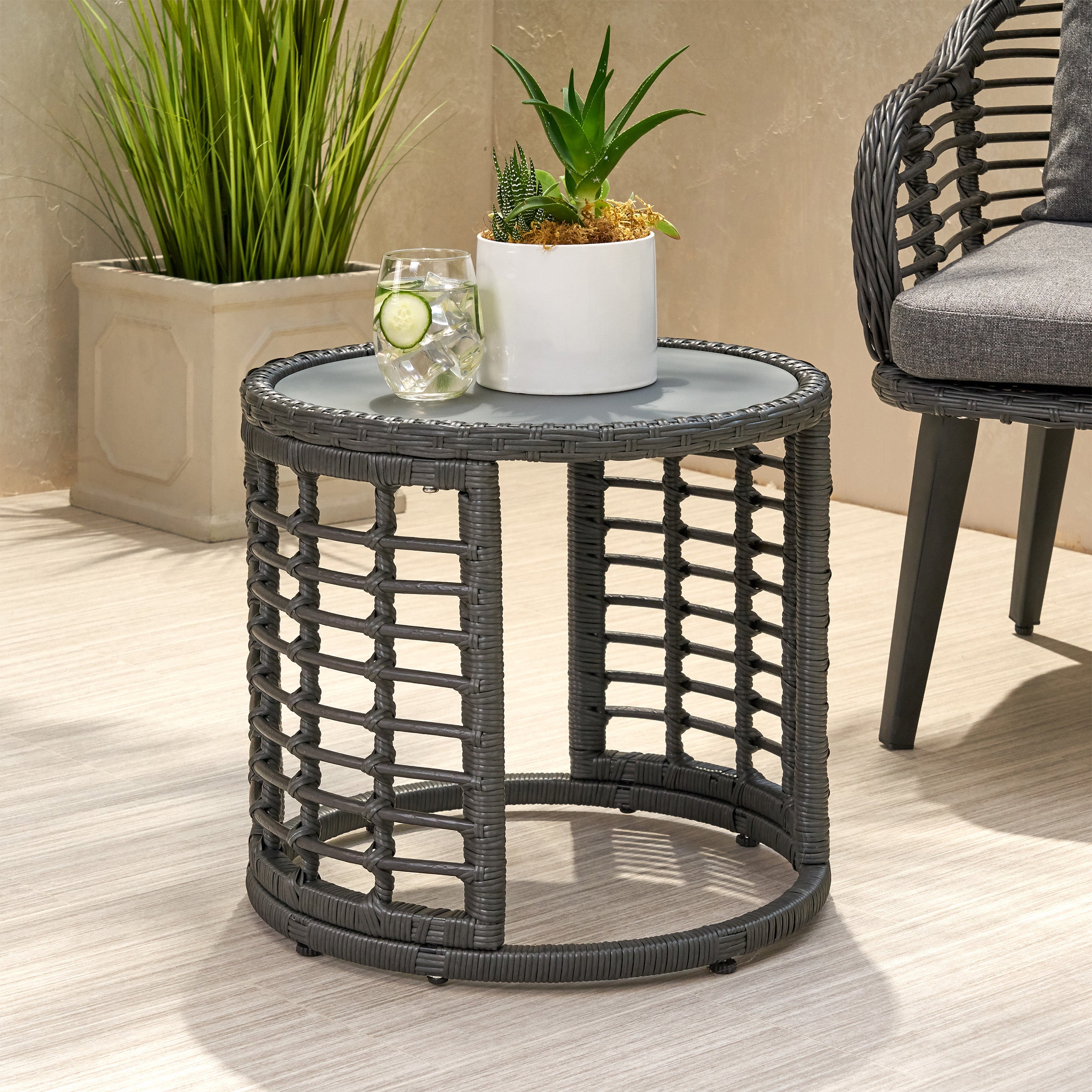 Evvy Outdoor Modern Boho Wicker Side Table with Tempered Glass Top