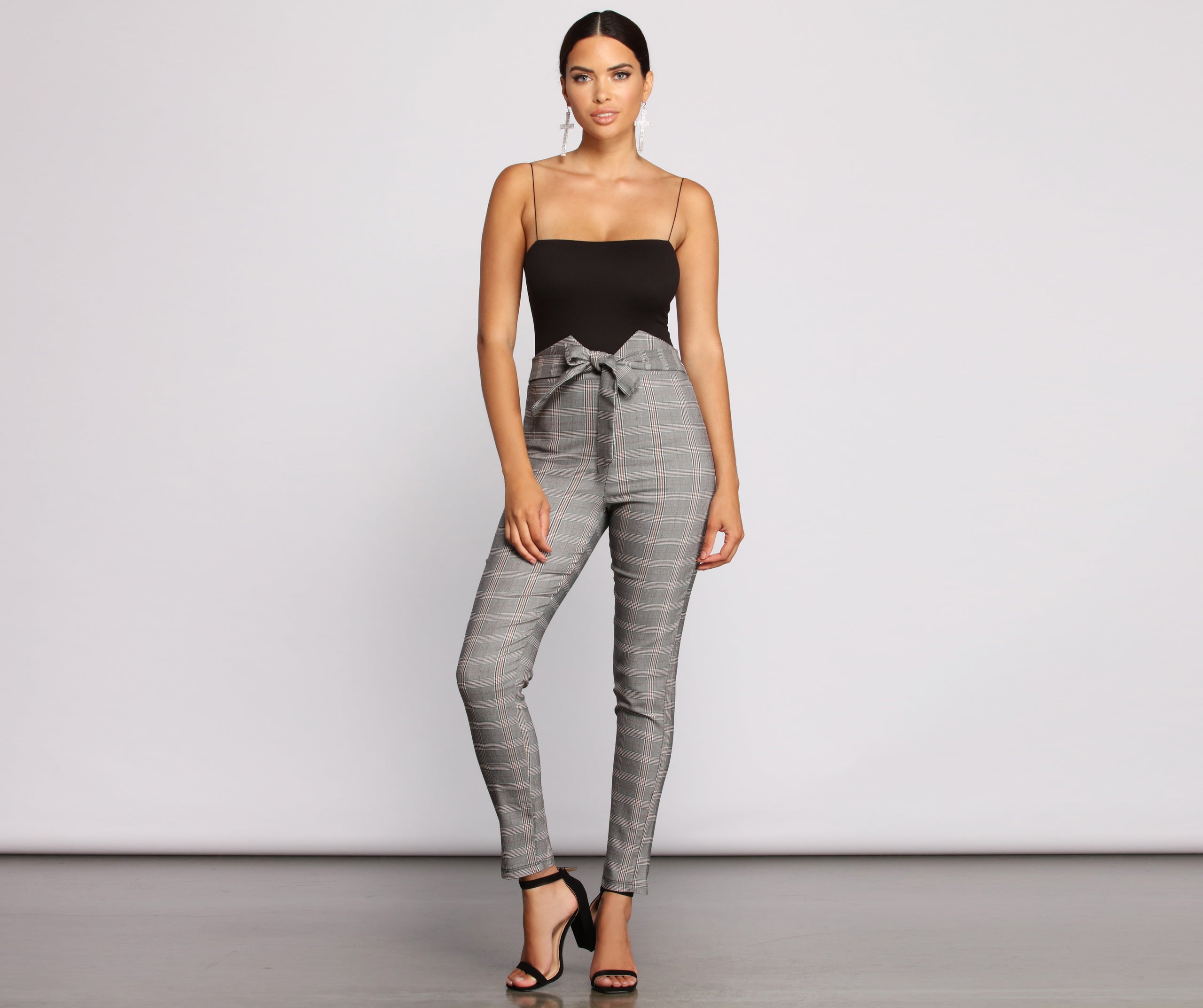 High Waist Tie Front Plaid Skinny Pants