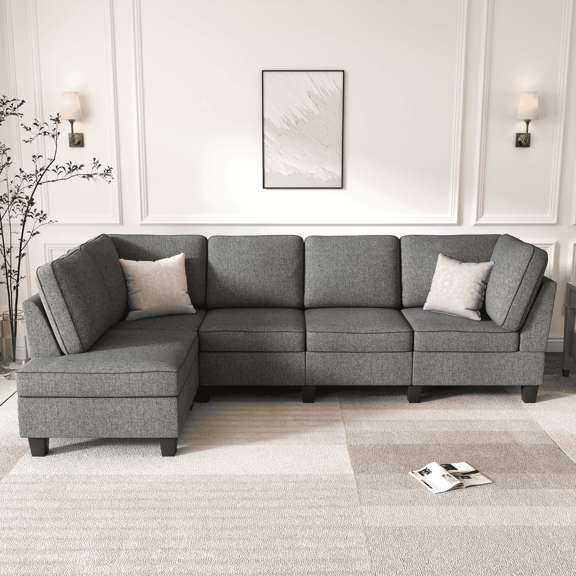 HONBAY L Shaped Sofa Sectional Couch Corner Sofa Couch with Adjustable Chaise for Living Room, Light Grey