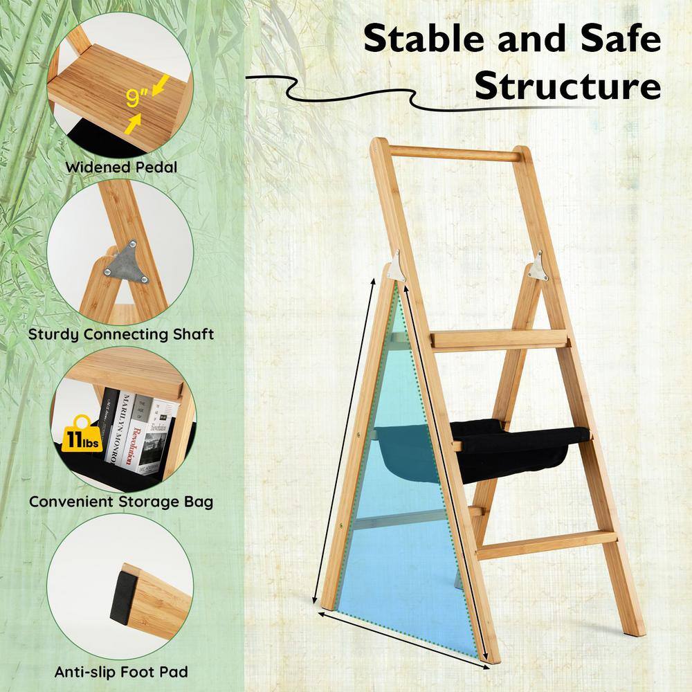 ANGELES HOME 3 Step Foldable Bamboo Step Ladder Stool with Tool Storage Bag 108CKJV317NA