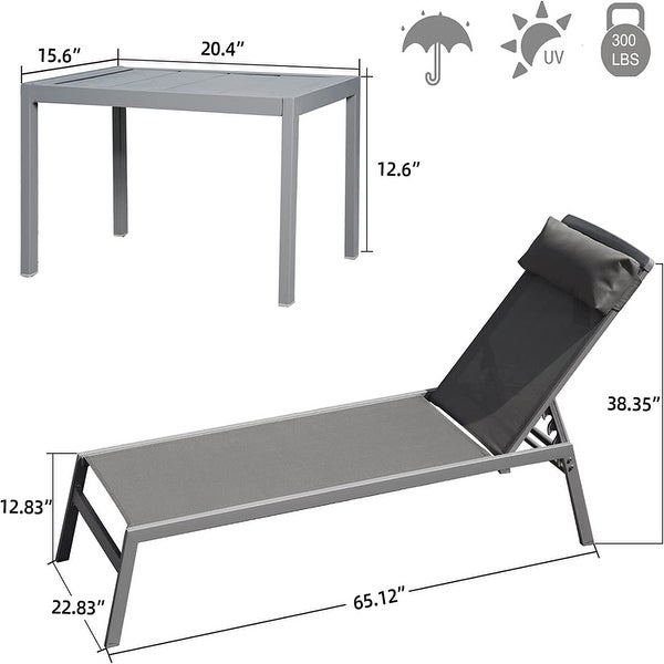 3-Piece Outdoor Chaise Lounge with Headrest 5 Adjustable Position - Overstock - 37982143