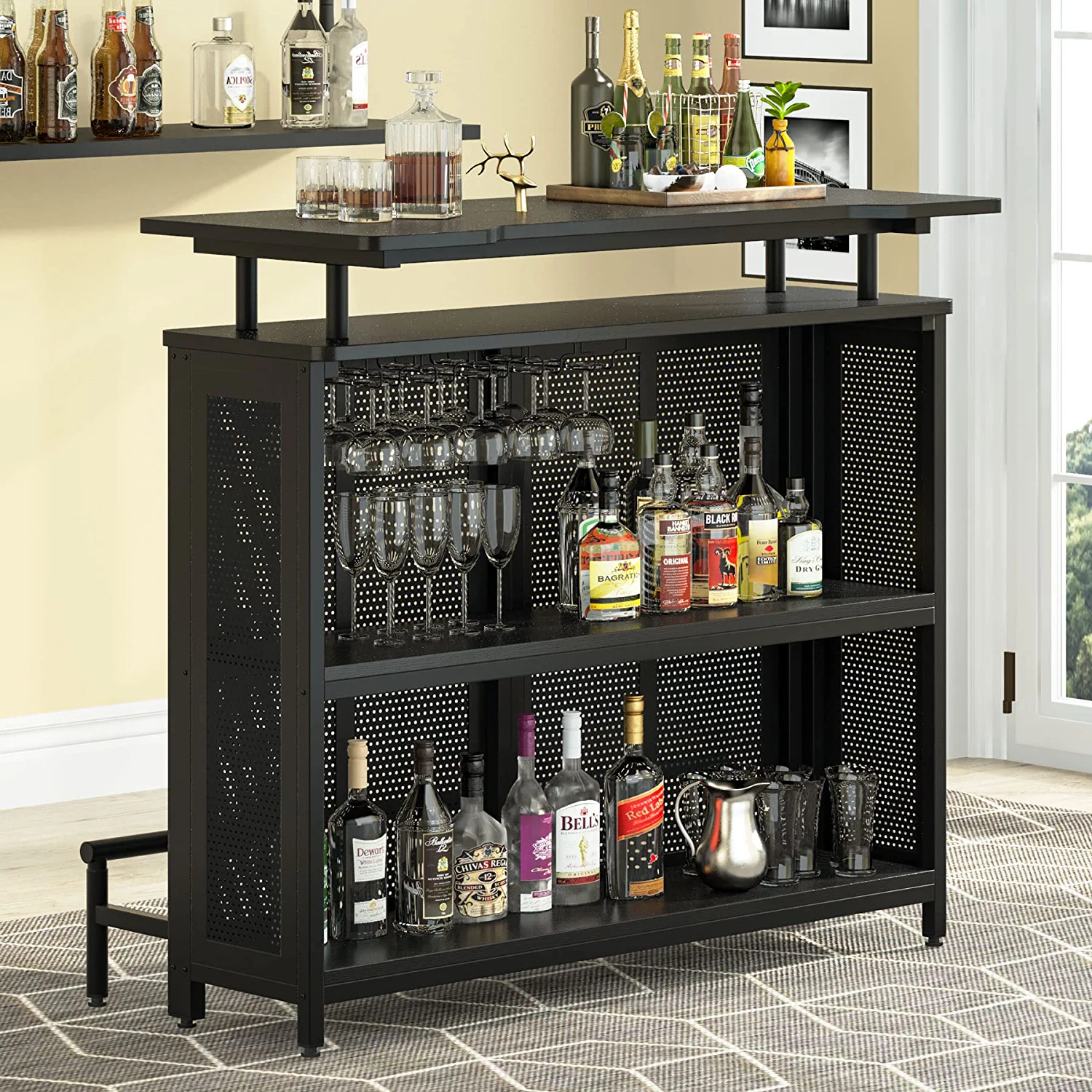 Tribesigns Home Bar Unit Mini Bar Liquor Bar Table with Stemware Racks Wine Storage and Footrest for Home Kitchen Pub， Black