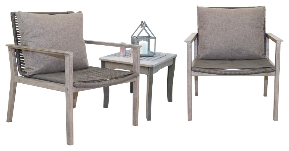 3 Piece Gray Wash Eucalyptus and Rope Lounge Chair Set With Square Accent Table   Tropical   Outdoor Lounge Sets   by Outdoor Interiors  Houzz