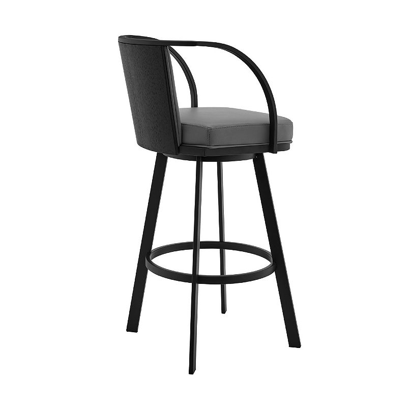 Swivel Barstool with Open Curved Metal Frame Arms， Gray and Black