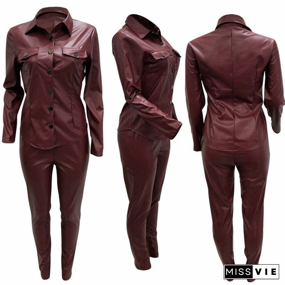 Women's Leather Two Piece Pants Women's Lapel Collar Pocket Long Sleeve Jacket Top And Pencil Pants 2 Piece Set