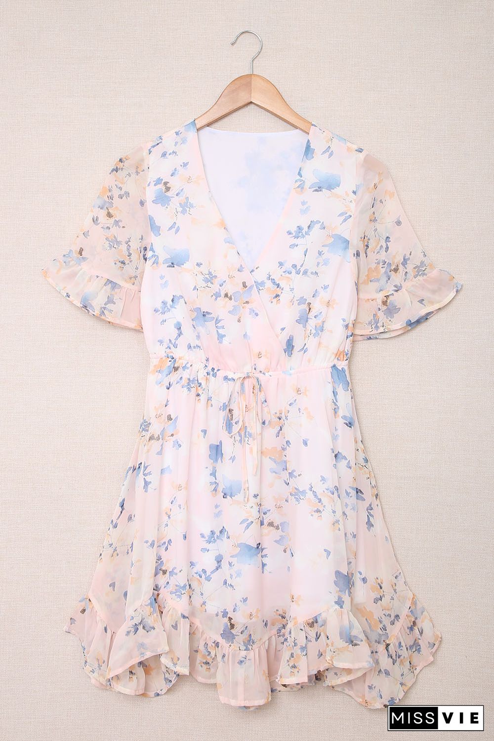 Pink Floral Print Flared Sleeve Ruffle Dress