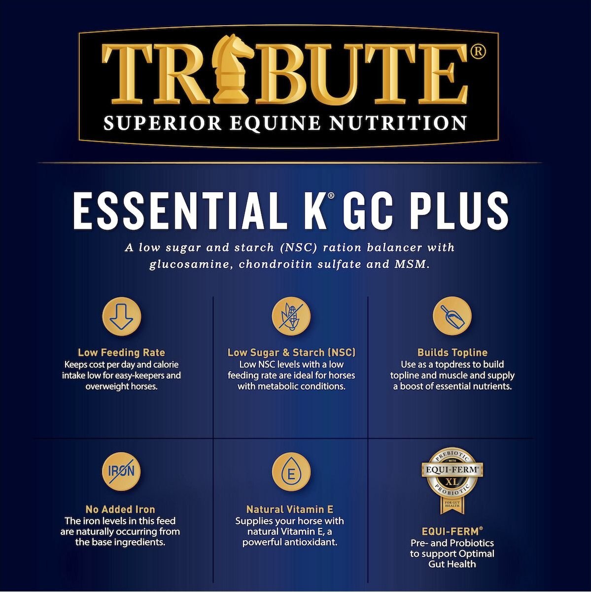 Tribute Equine Nutrition Essential K GC Plus Low-NSC， Joint Support Horse Feed