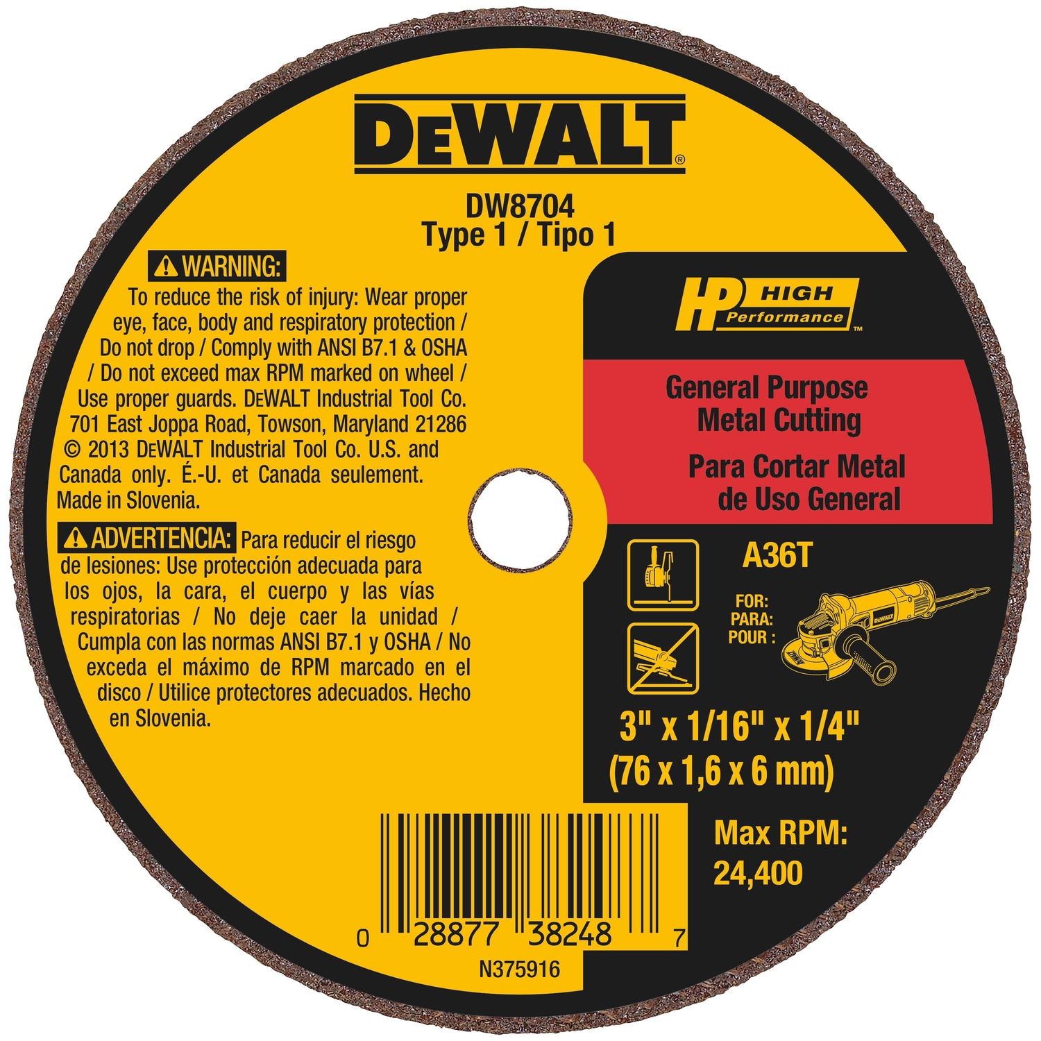 DW High Performance 3 in. D X 1/4 in. Aluminum Oxide Cut-Off Wheel 1 pc