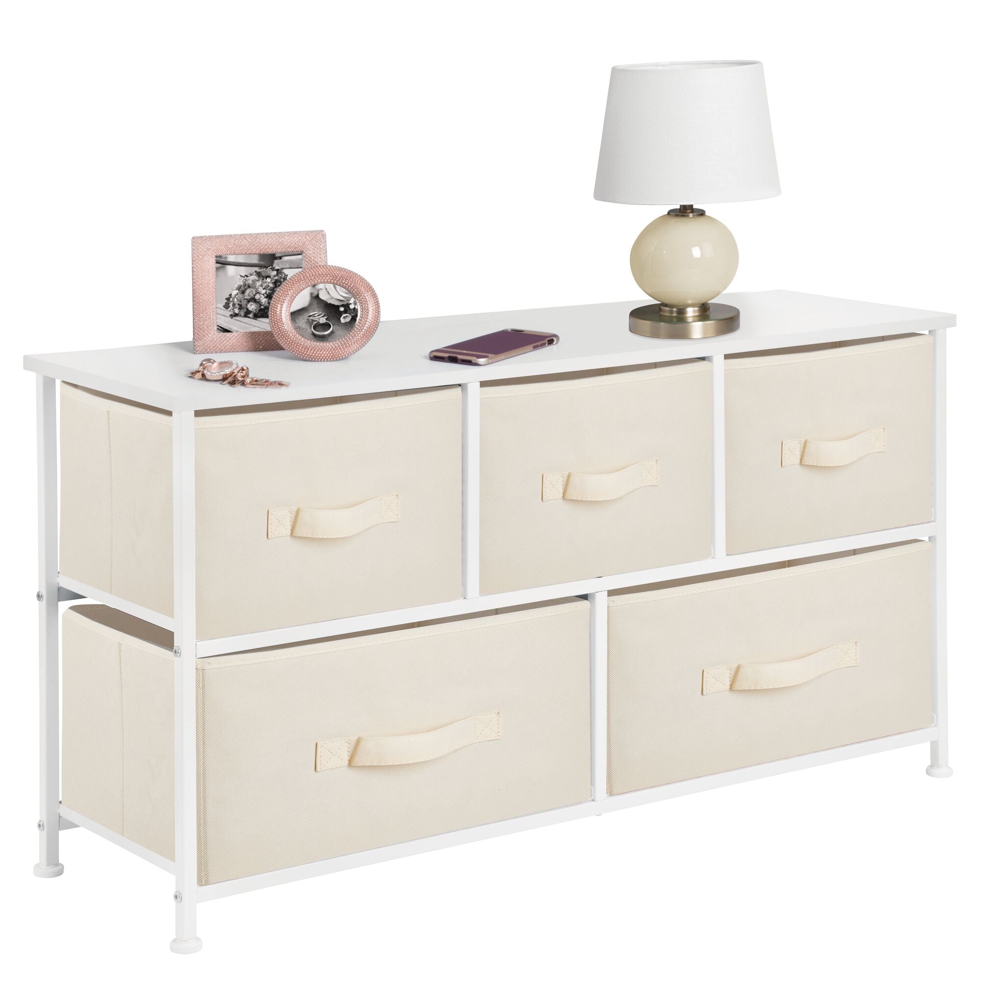 mDesign Wide Steel Frame/Wood Top Storage Dresser Furniture Unit with 5 Removable Fabric Drawers, Large Bureau Organizer for Bedroom, Living Room, Closet - Jane Collection, Cream/White