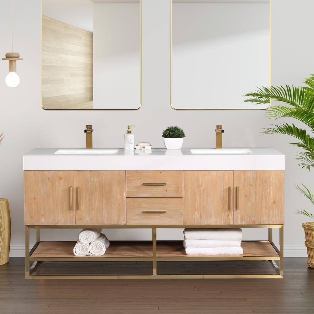 Altair Bianco 72 in. W x 22 in. D x 34 in . H Double Sink Bath Vanity in Light Brown with White Composite Stone Top 552072G-LB-WH-NM