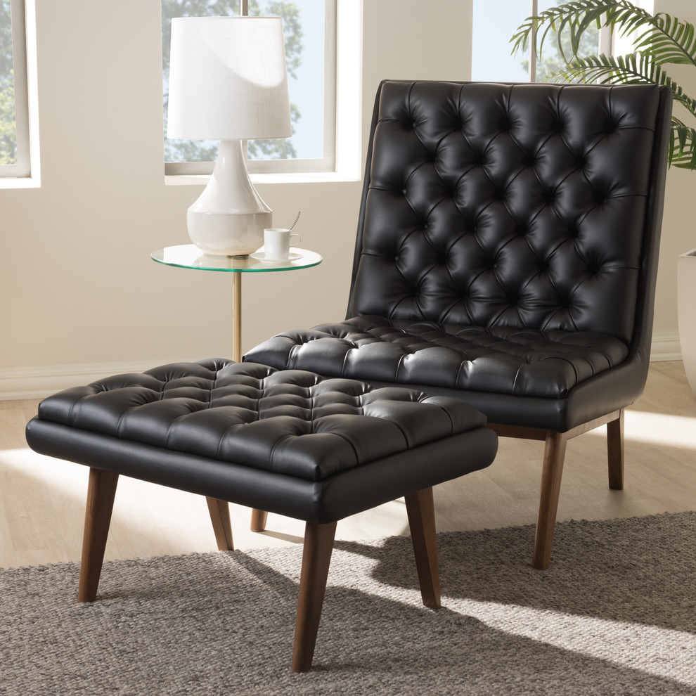 Annetha Faux Leather Walnut Finished Wood Chair And Ottoman Set  Black   Midcentury   Armchairs And Accent Chairs   by HedgeApple  Houzz