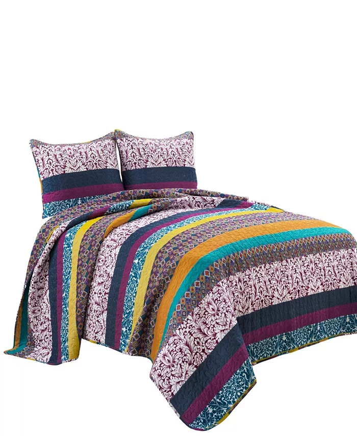 Lush Dandeacute;cor Boho Stripe Reversible Cotton 3-Piece Quilt Set， Full Queen