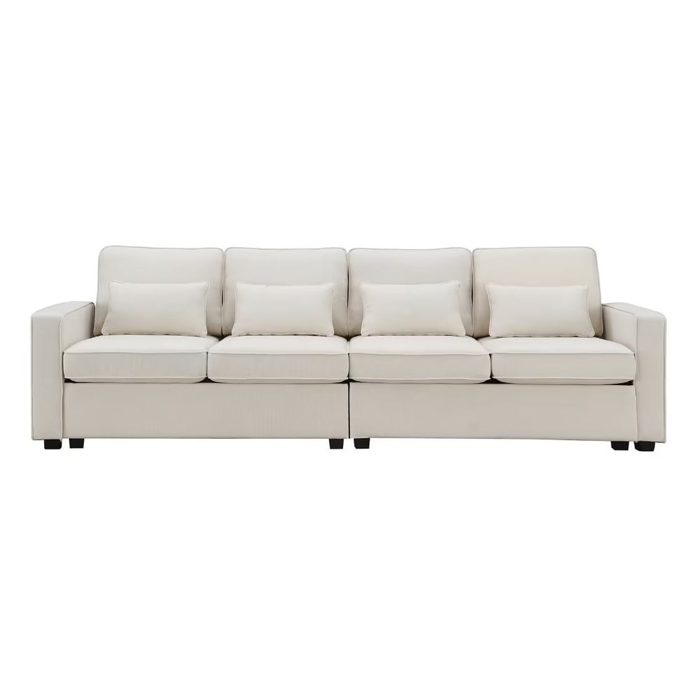 4 Seater Modern Linen Fabric Sofa with Armrest Pockets and 4 Pillows   9'5\