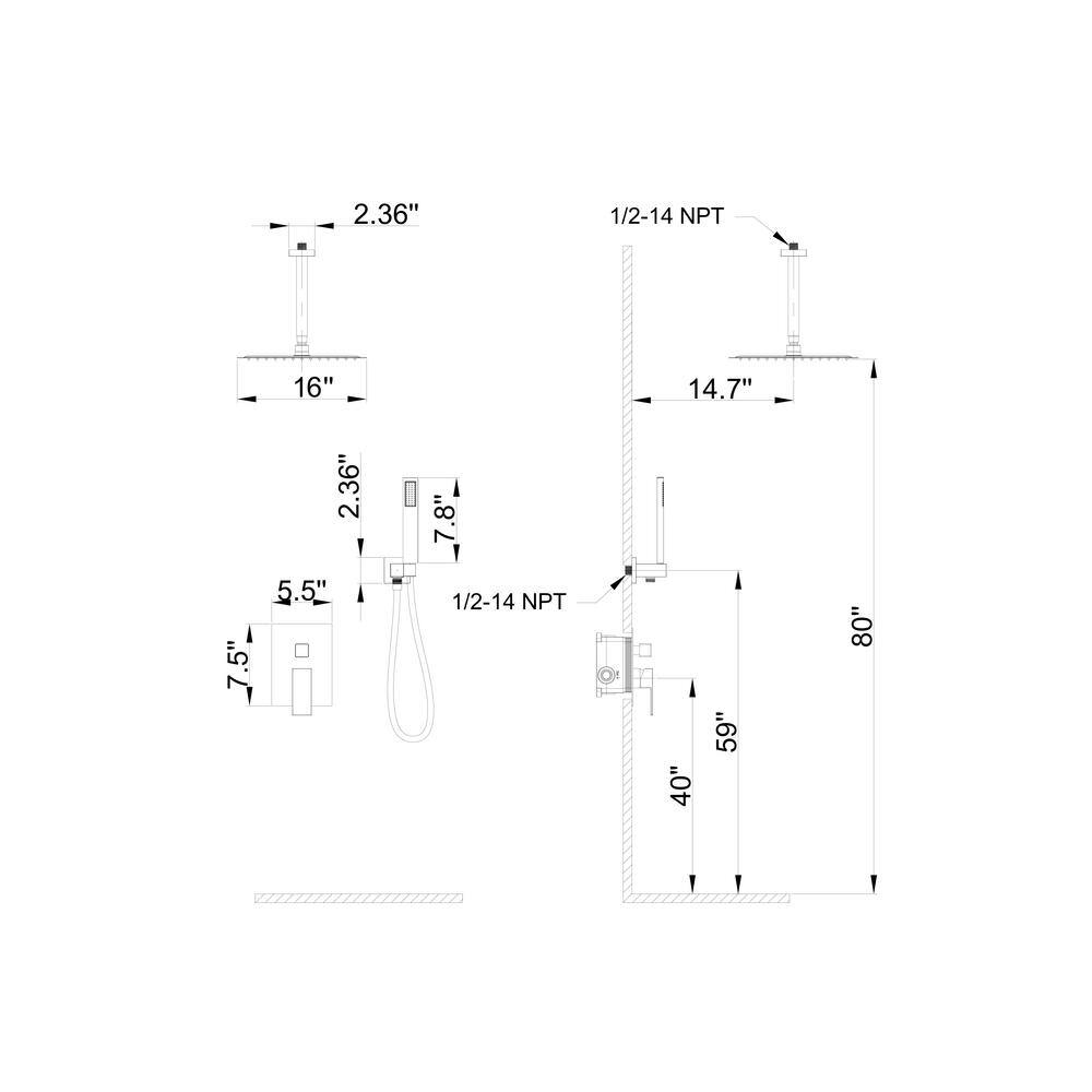 GIVING TREE 2-Spray Patterns with 2.5 GPM 16 in. Rainfall Shower Head Solid Brass Ceiling Mount Dual Shower Heads in Matte Black XLHDDTSH0017