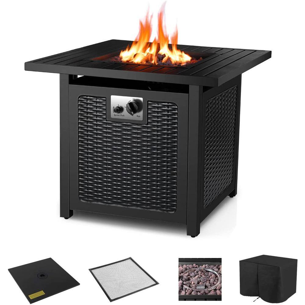 Oakville Furniture 28 in. Outdoor Square Black Rattan Style Powder Coated Steel Gas Propane Fire Pit Table WLava Rock OVF-SLFPT28