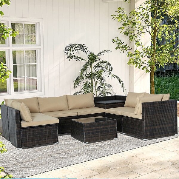 8Piece Brown Outdoor Rattan Furniture Sets with 6 Sofas，1 Coffee Table，Storage Box and Cushions