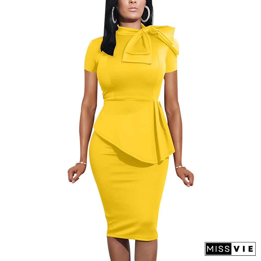 Elegant OL Short Sleeve Bow Tie Bodycon Dresses