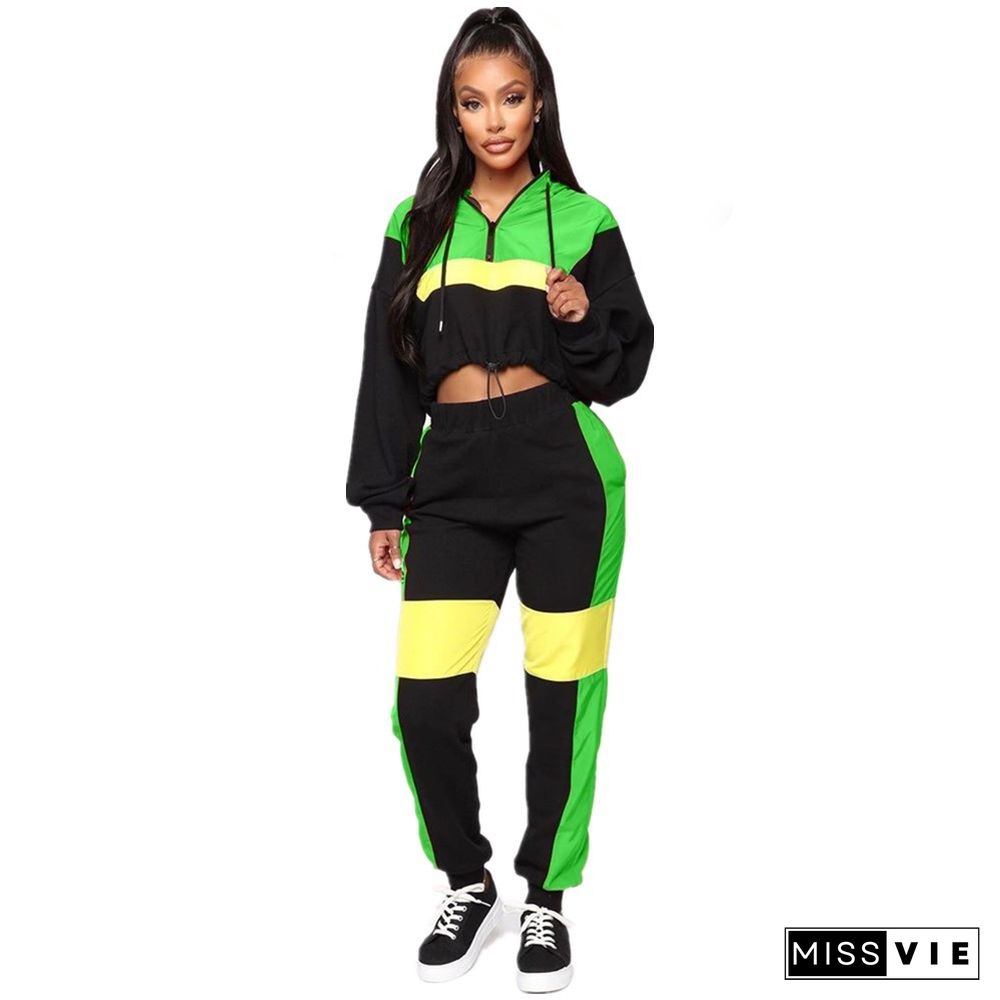 Stylish Patchwork Hoodies Sport Pants Set Two Pieces