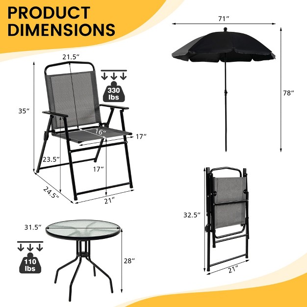 Costway 6 Pcs Patio Dining Set Folding Chairs Glass Table Tilt Umbrella Garden